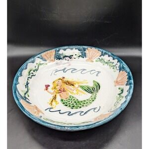 Handmade Art Pottery Redware Centerpiece Bowl Mermaid Scallop 12.25" Nautical